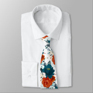 Cravate PixDezine H2 Fleurs Sarcelle et Orange Rouille