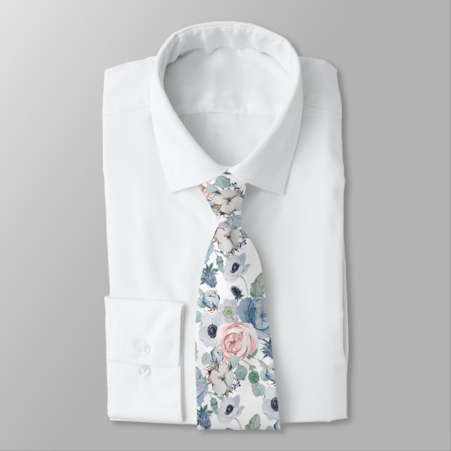 Cravate PixDezines Aquarelle Dusty Blue Rose Peonies (Attaché)