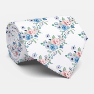 Cravate PixDezines Aquarelle Dusty Blue Rose pivoines Cou