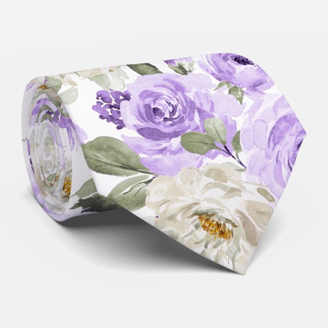 Cravate PixDezines Aquarelle Lilac Violet Roses (Roulé)