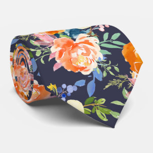 Cravate PixDezines Aquarelle Pivoines Orange et Pensées