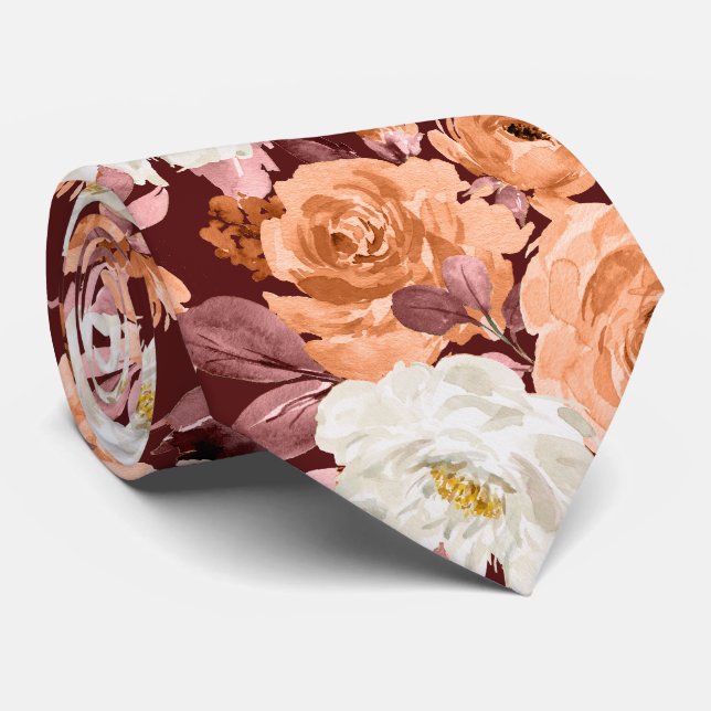 Cravate PixDezines Aquarelle Rouille Orange Roses Automne (Roulé)