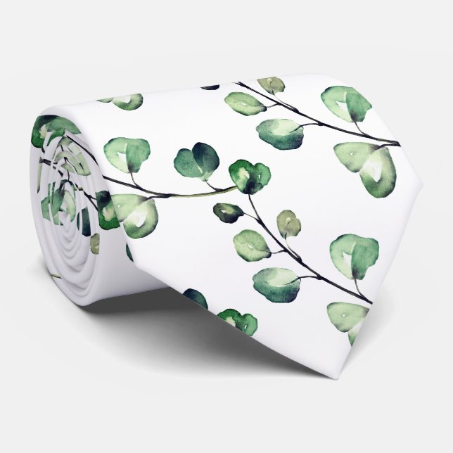 Cravate PixDezines aquarelle vert luxuriant Eucalyptus (Roulé)