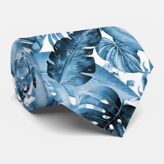 Cravate PixDezines Bleu Marine Feuillage Tropical