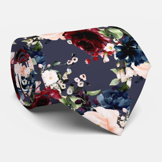 Cravate PixDezines Blush Burgundy Navy Aquarelle Fleurs (Roulé)
