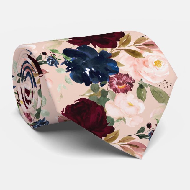 Cravate PixDezines Blush Burgundy Navy H2 Fleurs (Roulé)