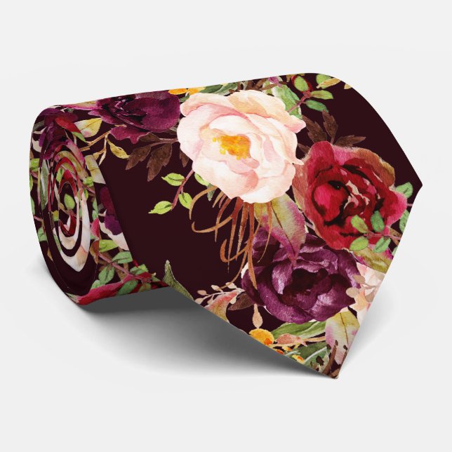 Cravate PixDezines Boho Blush Bourgogne Aquarelle Fleurs (Roulé)