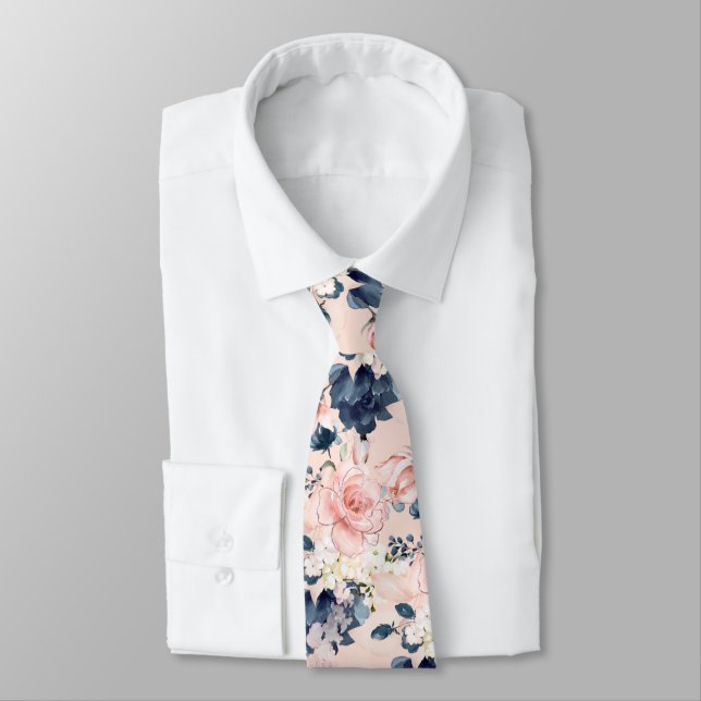 Cravate PixDezines Fleurs d'aquarelle bleu glace rose pâle (Attaché)