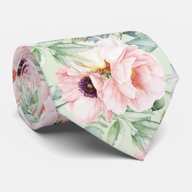 Cravate PixDezines H2 Blush Peonies Anémonies Eucalyptus (Roulé)