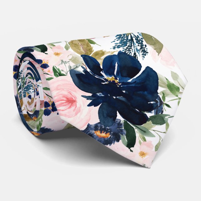 Cravate PixDezines H2 Blush Pink Navy Flowers  (Roulé)