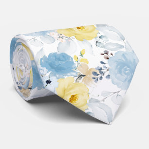 Cravate PixDezines H2 Fleurs Jaune et Bleu Poussiéreux 