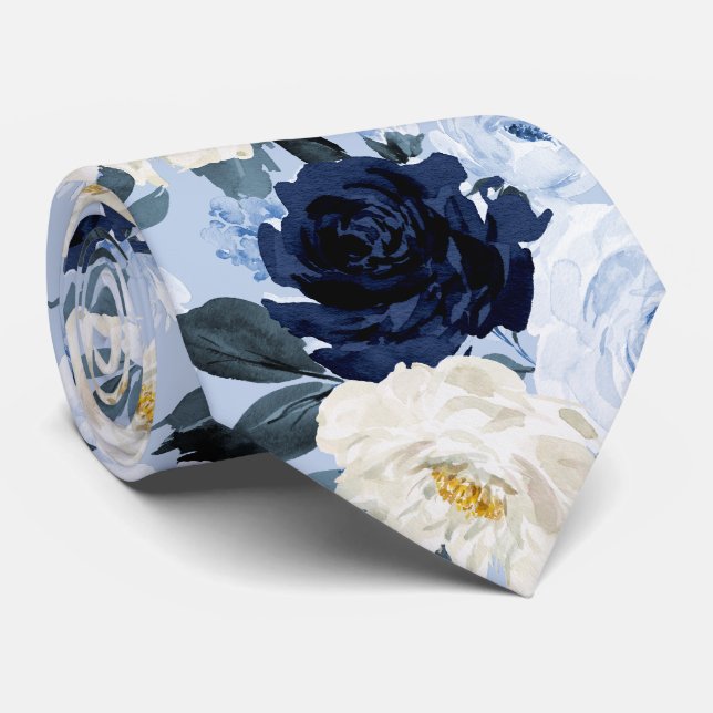 Cravate PixDezines H2 Navy+Dusty Blue Roses (Roulé)