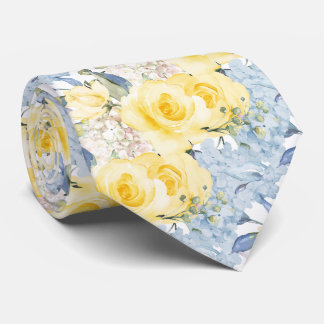 Cravate PixDezines H2 Roses jaunes d'été Hydrangea bleue