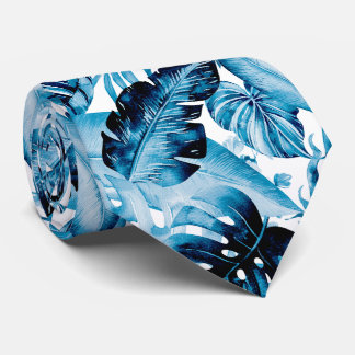 Cravate PixDezines Indigo Bleu Feuillage Tropical