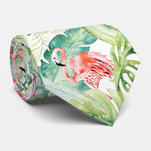 Cravate PixDezines Pink Flamingo+Tropical Foliage (Roulé)