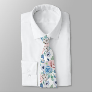 Cravate PixDezines Pivoines Roses Bleu Poussiéreux Aquarel