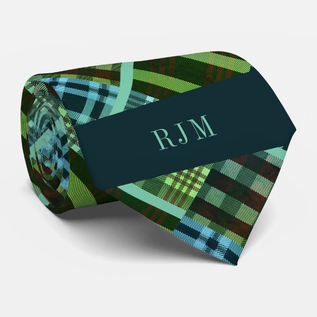 Cravate Plaid diagonal vert et bleu monogramme (Roulé)