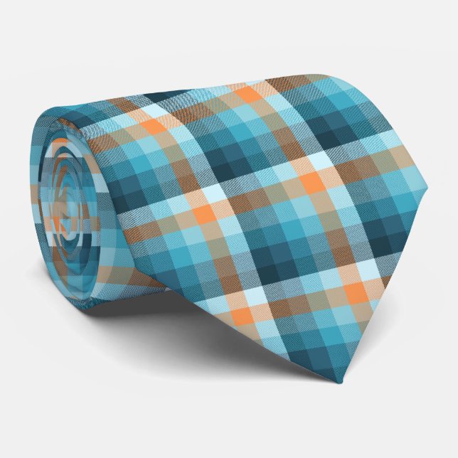 Cravate Plaid fou Teal et bilatéral orange de contrôle (Roulé)