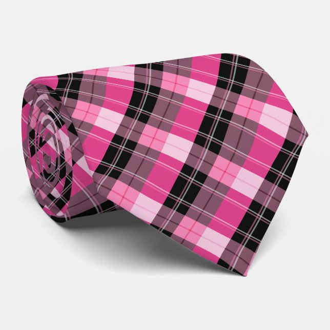 Cravate Plaid / tartan motif rose et noir (Roulé)