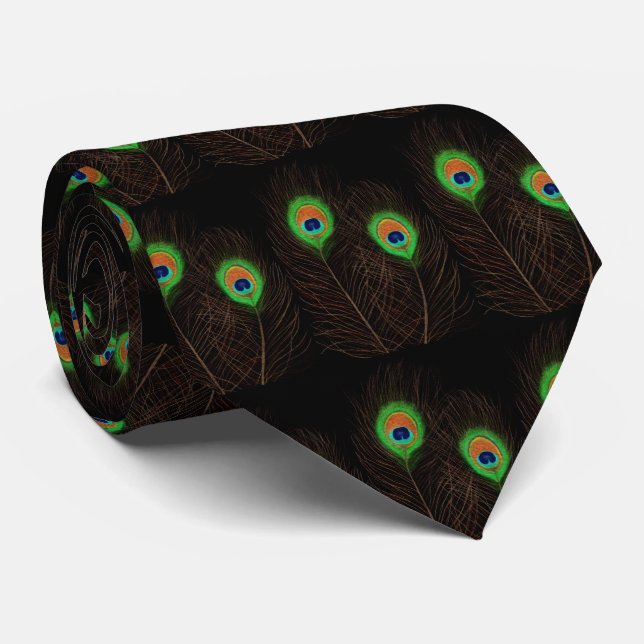 Cravate Plumes de paon sur noir (Roulé)
