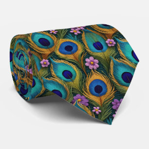 Cravate Plumes De Peacock Vibrantes Et Fleurs Minuscules V