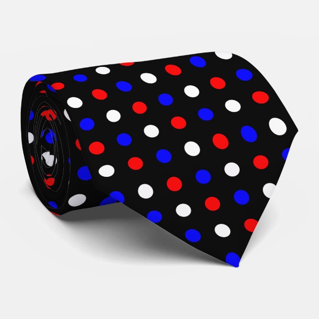 Cravate Pois blanc et bleu rouge sur le noir (Roulé)
