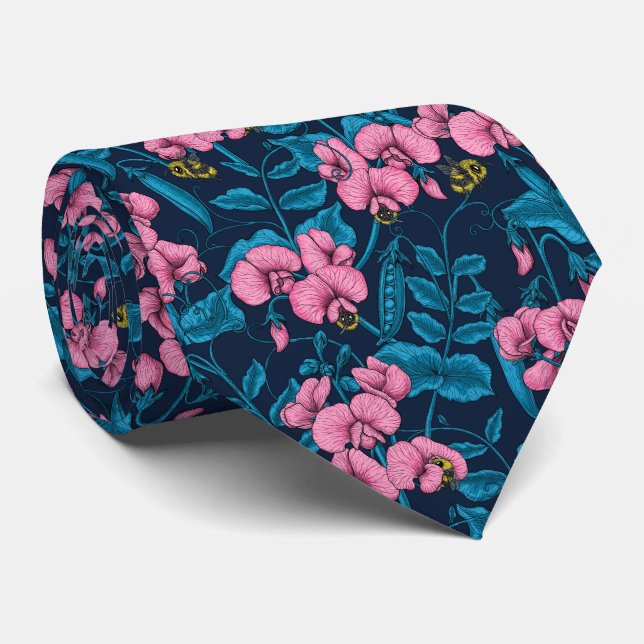 Cravate Pois doux et bourdons, rose et bleu (Roulé)