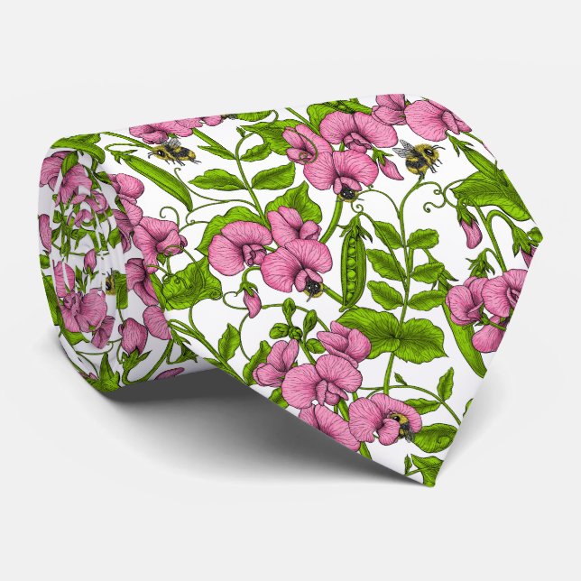 Cravate Pois doux et bourdons, rose, vert et blanc (Roulé)