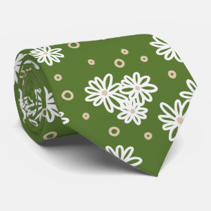 Cravate Pois et marguerites - Blanc, Sable et Palm Green