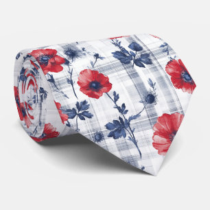 Cravate Poppies rouges avec Feuilles bleus sur À damiers b