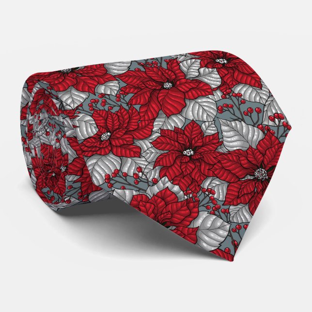 Cravate Potsettia rouge et baies, conception de Noël (Roulé)