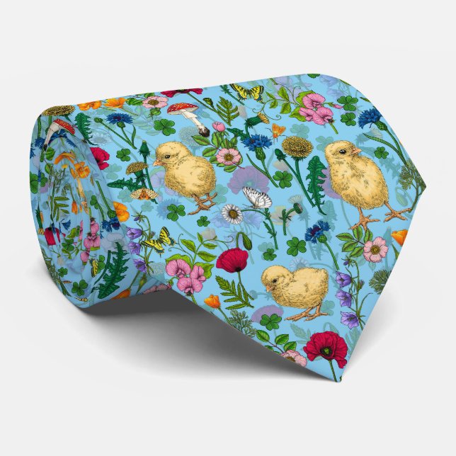 Cravate Poulets et fleurs sauvages sur bébé bleuChat dessi (Roulé)