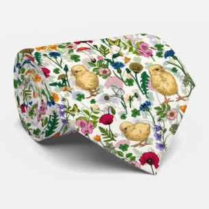 Cravate Poulets et fleurs sauvages sur blanc cassé
