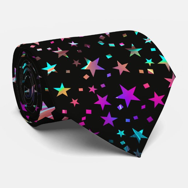 Cravate Professionnel Neon rose violet bleu étoiles Noir (Roulé)