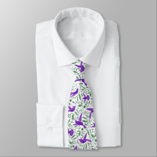 Cravate Purple hummingbirds with green flowers & leaves
