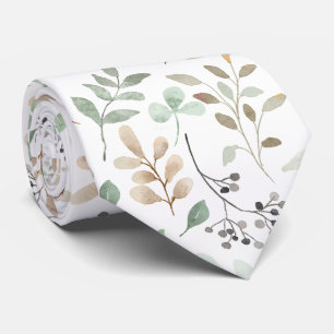 Cravate Rameaux Abstraits Feuilles Vert Blanc Marron
