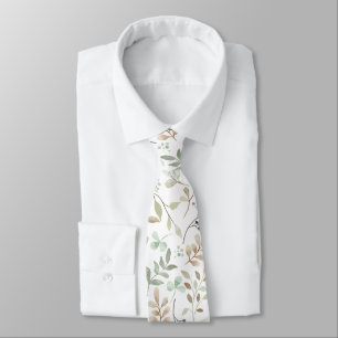 Cravate Rameaux Abstraits Feuilles Vert Blanc Marron