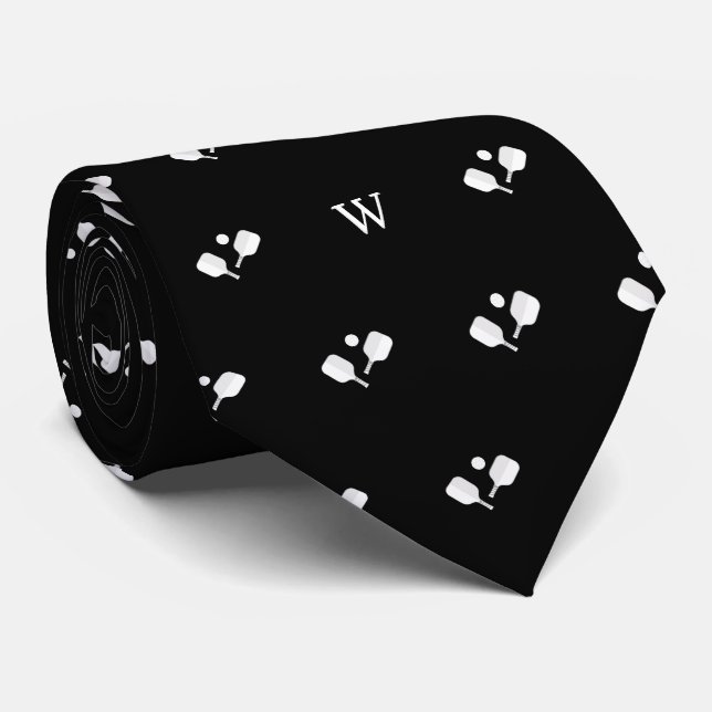 Cravate Raquettes de Pickleball Blanches Monogramme Initia (Roulé)