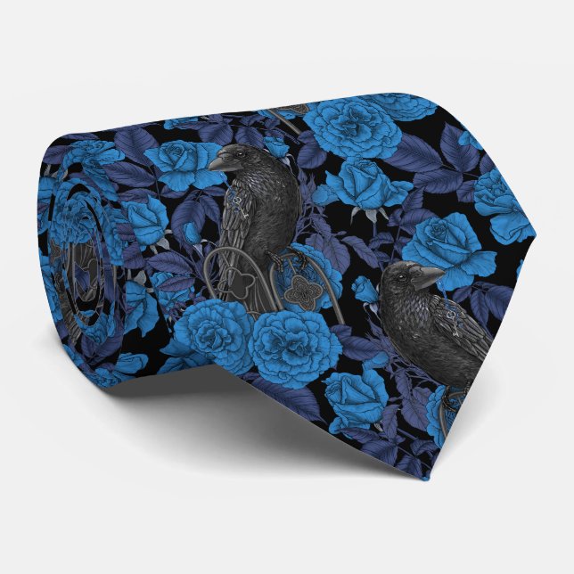 Cravate Ravins et roses bleus (Roulé)