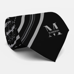 Cravate Rayure diagonale noire et grise avec monogramme et