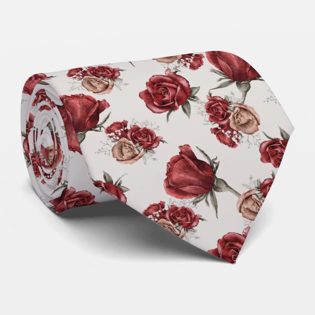 Cravate Red and Gold Roses On White (Roulé)