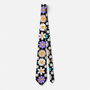 Cravate Retro Daisy Motif Simple.01. BG noir