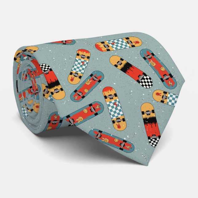Cravate Retro Skateboard Blue Cool Motif sans couture (Roulé)
