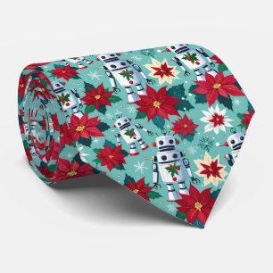 Cravate Robots de Noël rétro et Poinsettias Mint Green
