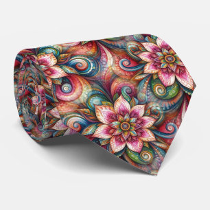 Cravate Rose Aqua Sarcelle Bleu Vert Orange Motif Paisley