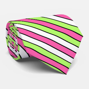 Cravate Rose chaud, vert citron, noir et blanc