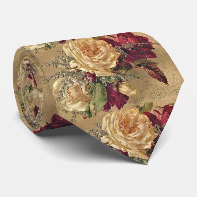 Cravate Rose de Noël Floral Gold et Bourgogne (Roulé)