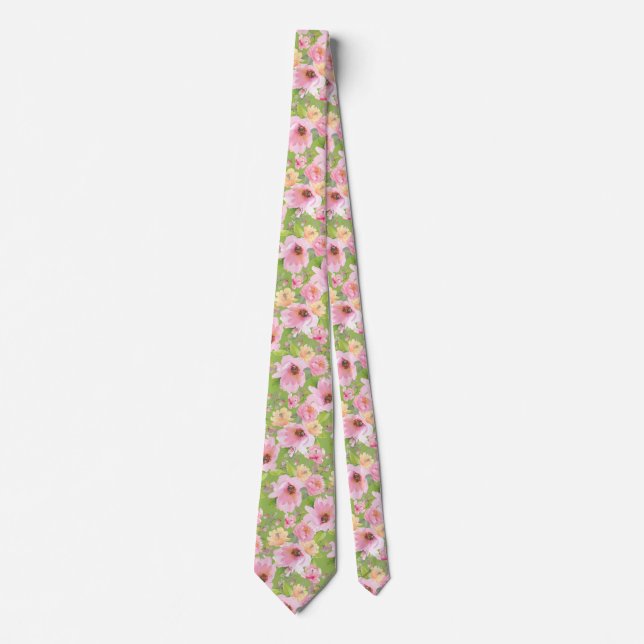 Cravate Rose et pivoines vert citron (Devant)
