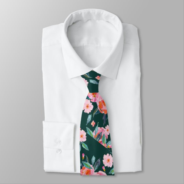 Cravate Rose Motif rose émeraude vert  Mariage (Attaché)