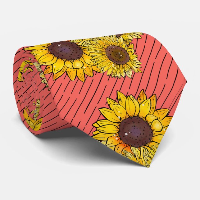 Cravate Rose Stylé Aquarelle Jaune Motif de tournesol (Roulé)
